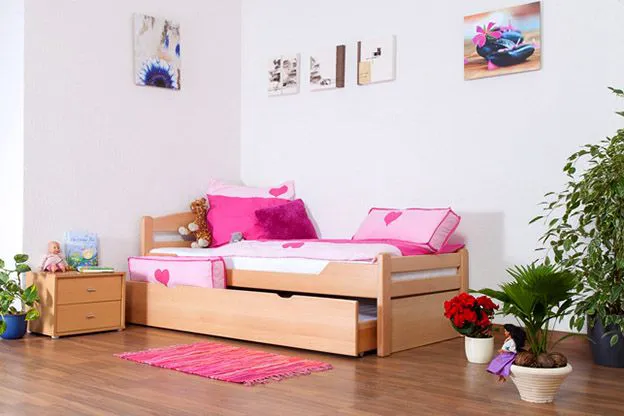 Kinderbett 90 x 200 cm mit Ausziehbett/Bettkasten 90 x 190 cm als Gästebett | Massivholz: Buche | Natur Lackiert | inkl. 2. Liegeplatz 90 x 190 cm ausziehbar und 2 Rollrost Abbildung