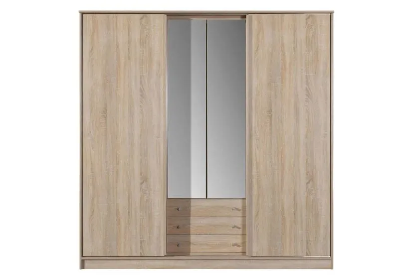 Kleiderschrank | 4 Schiebetüren | 3 Schubladen | 6 Fächer | mit 2 Kleiderstangen | 200 cm breit | Farbe: Sonoma Eiche Abbildung