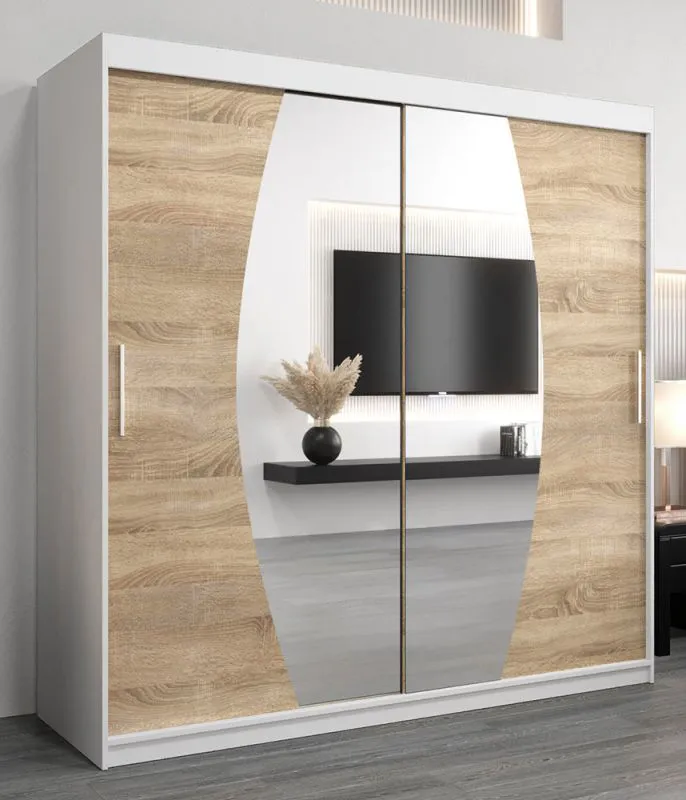 2 Meter breiter Kleiderschrank mit 2 Türen | Farbe: Sonoma Eiche / Weiß Abbildung