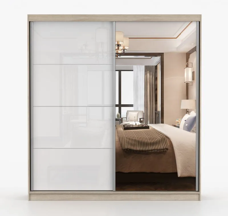 Kleiderschrank / Schiebetürenschrank | Weiß / Sonoma Eiche | Sredna 02 | mit Spiegel | 2 Türen | 218 x 203 x 61 cm | 3 Schubladen | 7 Fächer