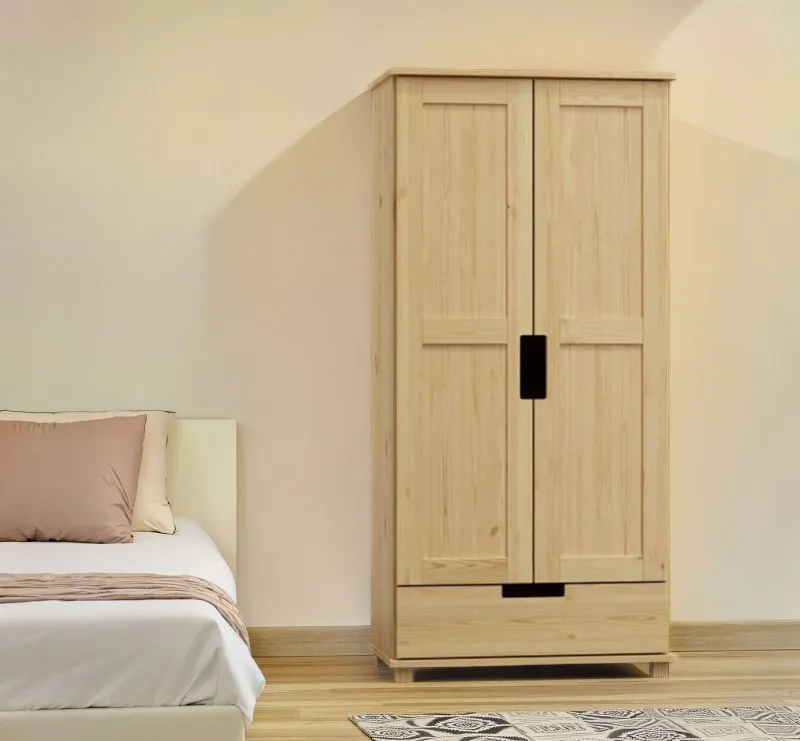 Kleiderschrank / Drehtürenschrank Kiefer massiv Vollholz natur 007A - Abmessung 190 x 90 x 60 cm (H x B x T)