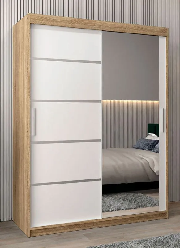 150 cm breiter Schiebetürenschrank mit 2 Türen | 5 Fächer | 2 Kleiderstangen | Farbe: Sonoma Eiche / Weiß Abbildung