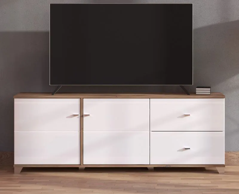 TV-Schrank / TV-Board mit zwei Türen Kanjiza 05, Farbe: Eiche Flagstaff / Weiß / Weiß Hochglanz, zwei Schubladen, vier Fächer, Maße: 59,5 x 162 x 40 cm