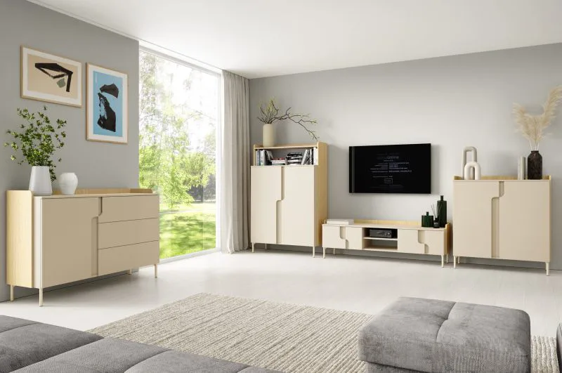Wohnzimmer Set A | 4-teilig | Farbe: Eiche Mavelie / Macadamia | Push-to-open Funktion | Beine aus Metall | 3 Kommoden | 1 TV-Unterschrank | ABS-Kanten