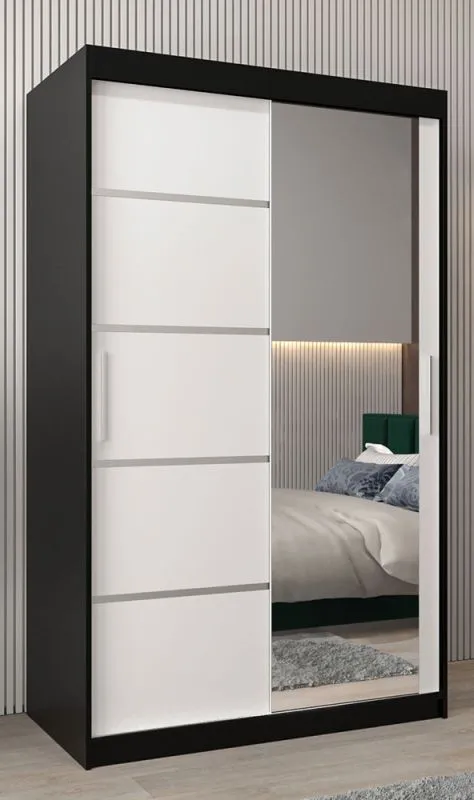 Schiebetürenschrank / Kleiderschrank Jan 02B mit Spiegel, Farbe: Schwarz / Weiß matt - Abmessungen: 200 x 120 x 62 cm ( H x B x T)