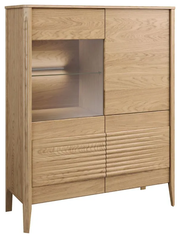 Vitrine mit Glastür links Gorica 05, in Eiche Gold, 140 x 111 x 45 cm, mit LED-Beleuchtung, Soft Close System, teilmassiv, Antisol-Glas Bronze