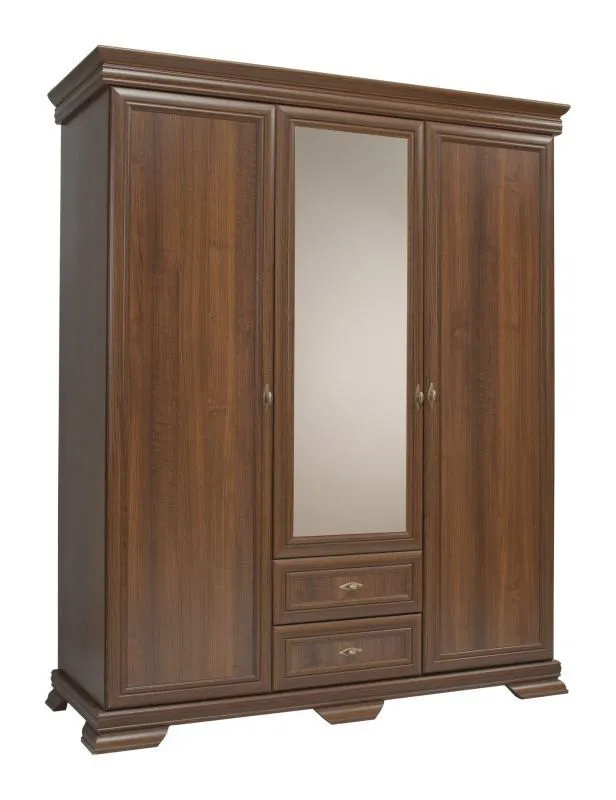 Kleiderschrank | 3 Drehtüren | 2 Schubladen | 3 Fächer | mit 2 Kleiderstangen | 158 cm breit | Farbe: Dunkelbraun Abbildung