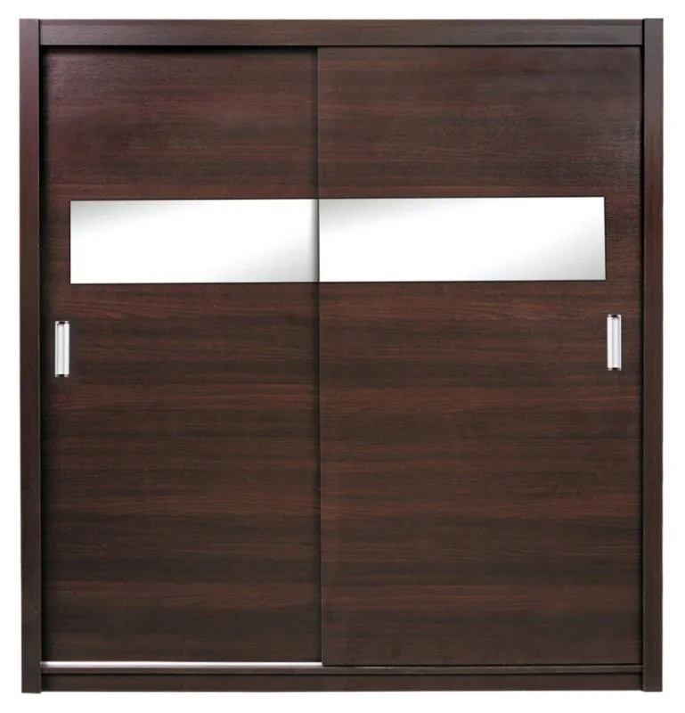 150 cm breiter Schiebetürenschrank mit 2 Türen | 6 Fächer | Kleiderstange | Farbe: Wenge-Optik Abbildung