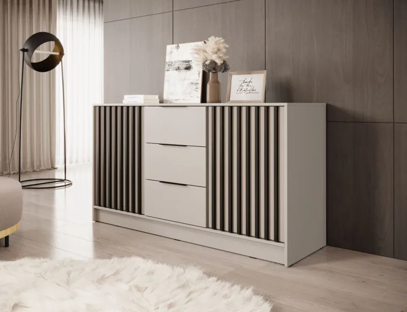Moderne Kommode Leeds 28, Kaschmir, 86 x 155 x 45 cm, längliche elegante Griffe, schwarze Lamellen, 2 Türen und 3 Schubladen