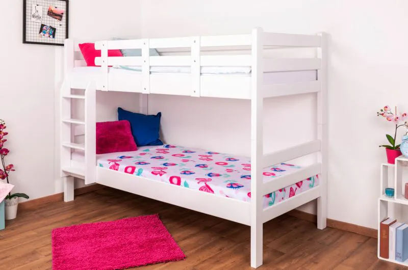 Kinderstockbett 90 x 200 cm | Massivholz: Buche | Weiß Lackiert | umbaubar in 2 Einzelbetten | Premium-Qualität | inkl. Rollroste Abbildung