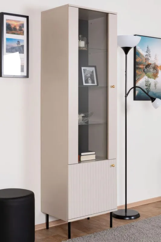 Vitrine Petkula 02, Farbe: Beige hell - Abmessungen: 190 x 55 x 40 cm (H x B x T), mit 2 Türen und 5 Fächern