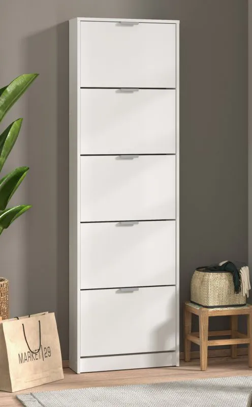 Schuhschrank Veliko 08, Farbe: Weiß, ABS-Kanten, fünf Kipptüren, Maße: 191,5 x 58 x 18 cm, fünf Fächer, Griffe: Grau, aus hochwertigen Materialien