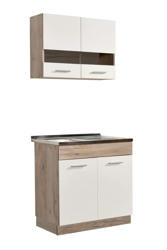 Schmale Küchenzeile / Küchenblock Kolubara 03, Farbe: Eiche Grau / Weiß, ABS-Kanten, ein Hängeschrank mit Glastüren, 80 cm breit