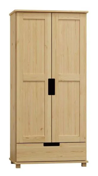 Kleiderschrank | 2 Drehtüren | 1 Schublade | mit Kleiderstange | 90 cm breit | Massivholz | Farbe: Natur Abbildung