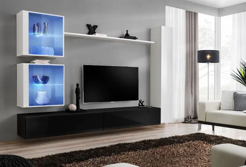 Elegante Wohnwand Balestrand 277, Farbe: Weiß / Schwarz - Abmessungen: 180 x 280 x 40 cm (H x B x T), mit Push-to-open Funktion