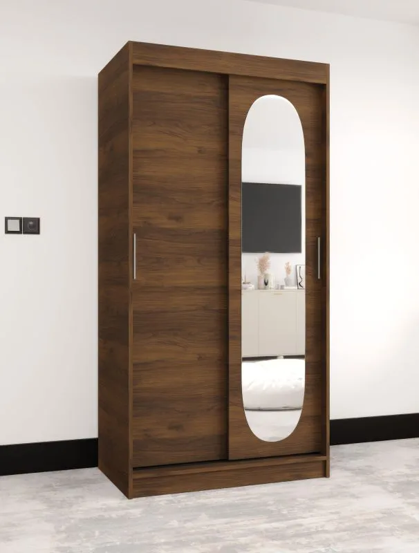 Schiebetürenschrank / Kleiderschrank | Farbe: Walnuss | 1 Meter breit | fünf Fächer | Tür mit ovalen Spiegel | zwei Kleiderstangen