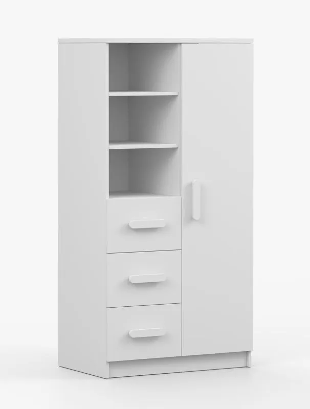 80 cm breites Bücherregal | 159 x 80 x 40 cm | Weiß | Smolikas 49 | 3 Schubladen | weiße Holzgriffe | 7 Fächer | Kinder | Jugend