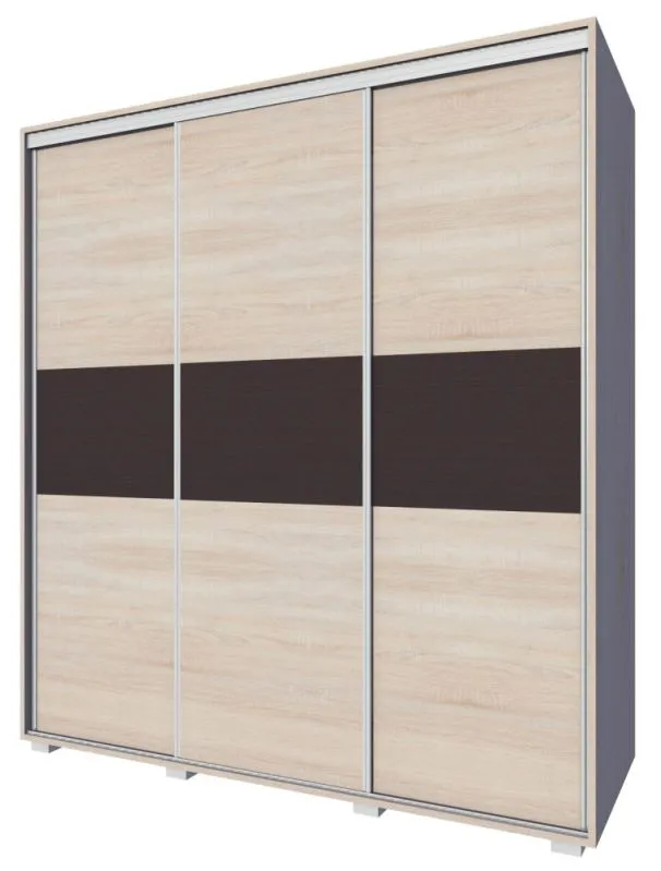 Kleiderschrank | 3 Schiebetüren | 3 Schubladen | 6 Fächer | mit 2 Kleiderstangen | 200 cm breit | Farbe: Sonoma Eiche Abbildung