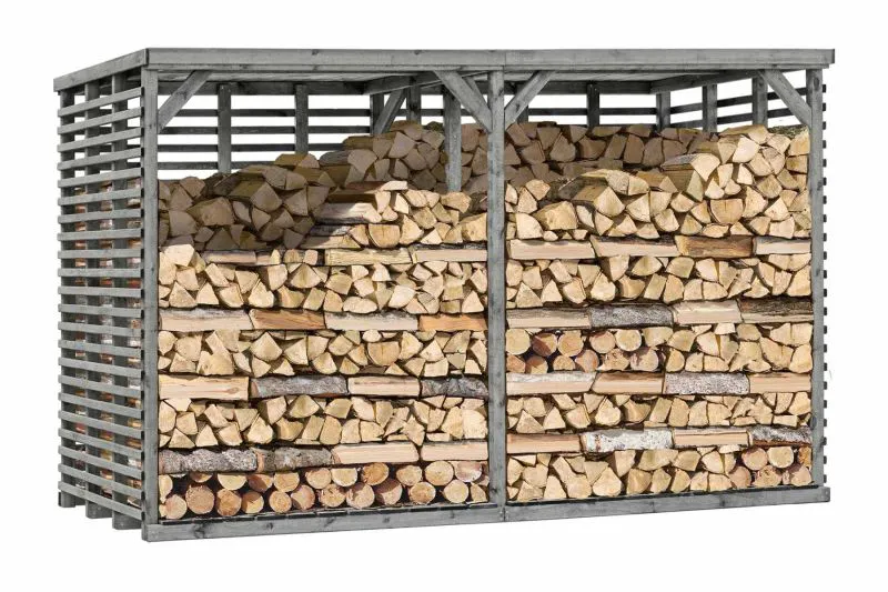 Großer Kaminholzunterstand 07 mit Rückwand, Farbe: Grau - aus Kiefernholz - Abmessungen: 363 x 116 x 212 cm (L x B x H)