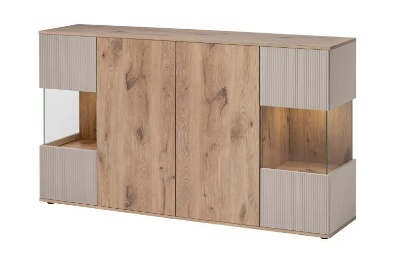 Vitrine | Farbe: Eiche Viking / Kaschmir | Push-to-open Funktion | 4 Drehtüren | Maße: 160 x 40 x 92 cm | inkl. LED-Beleuchtung | 9 Fächer