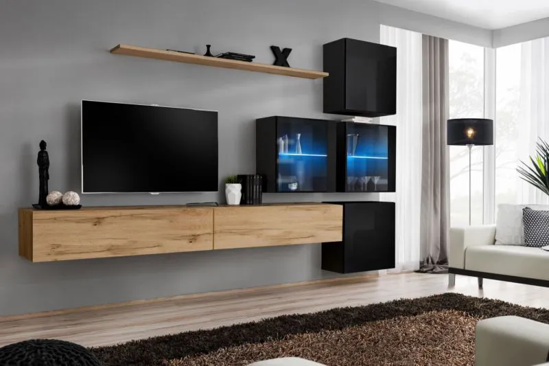 Außergewöhnliche Wohnwand Balestrand 301, Farbe: Eiche Wotan / Schwarz - Abmessungen: 200 x 310 x 40 cm (H x B x T), mit LED-Beleuchtung