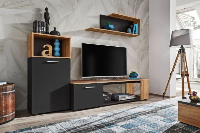 Moderne Wohnwand Bjordal 01, Farbe: Schwarz matt / Eiche Wotan - Abmessungen: 200 x 160 x 40 cm (H x B x T), mit genügend Stauraum
