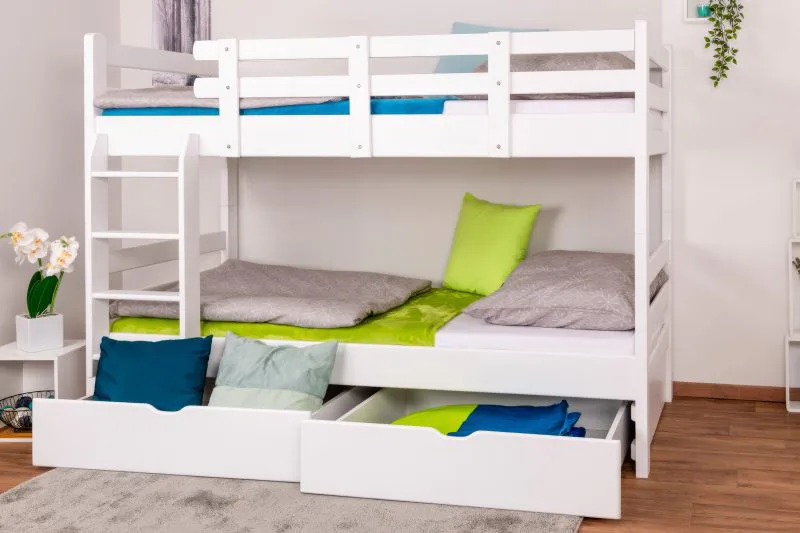 Etagenbett für Erwachsene "Easy Premium Line" K20/n inkl. 2 Schubladen und 2 Abdeckblenden, Kopf- und Fußteil gerade, Buche Vollholz massiv Weiß - Liegefläche: 90 x 200 cm, teilbar