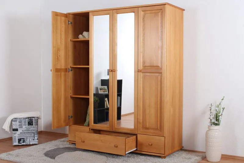 Kleiderschrank Kiefer Vollholz massiv Erlefarben Junco 02 - Abmessung: 195 x 162 x 60 cm (H x B x T)