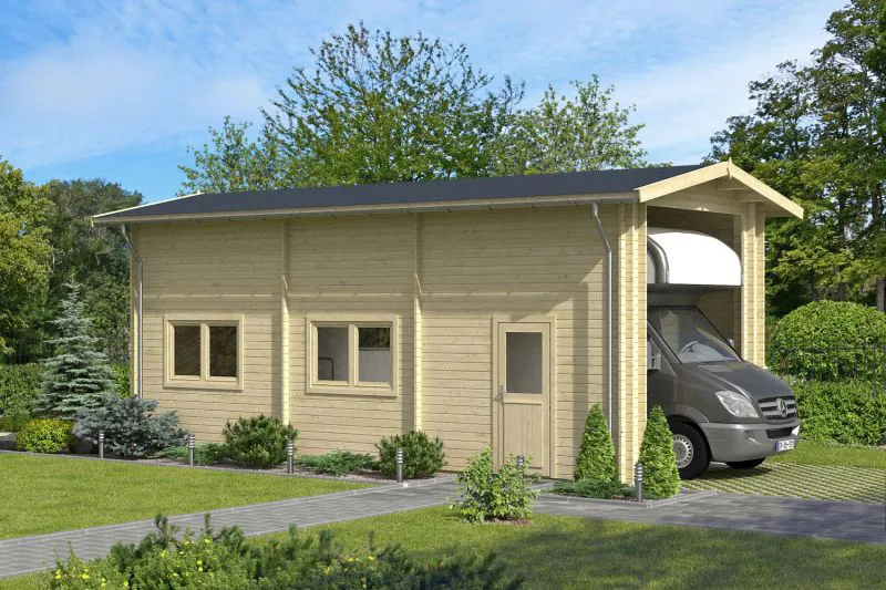 Holzgarage / Einzelgarage mit zwei Doppelfenster, 40 mm Blockbohlenhaus, aus nordischen Fichtenholz, Grundfläche: 34,47 m², Satteldach, eine Tür, Außenmaße: 884 x 390 cm