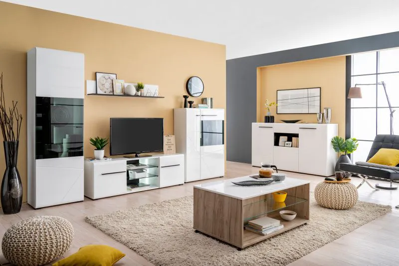 Wohnzimmer Komplett - Set C Idos, Farbe: Weiß / Weiß Hochglanz / Eiche Grau / Schwarz, mit Parsolglas, zwei Vitrinen, ein Wandregal, ein TV-Schrank, eine Kommode und ein Couchtisch