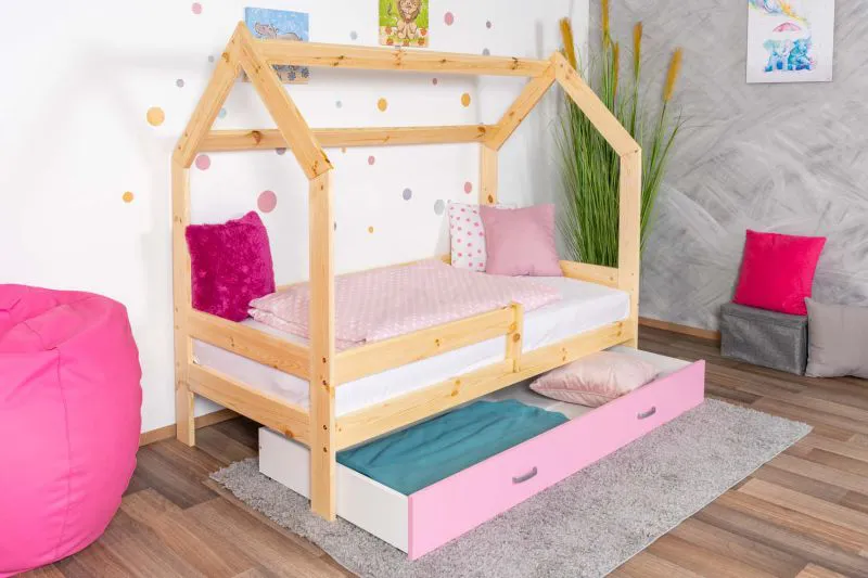 Kinderbett / Hausbett Kiefer Vollholz massiv natur D3, Schublade: Rosa, inkl. Lattenrost - Liegefläche: 80 x 160 cm (B x L)