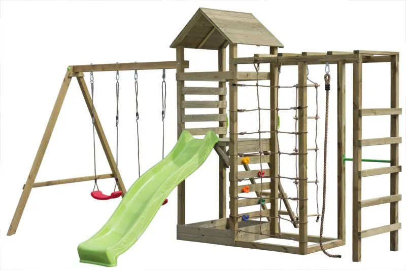 Spielturm PZ38-MG1, inkl. Wellenrutsche, Doppelschaukel-Anbau, Sandkasten, Kletterwand und Kletteranbau mit Kletternetz, Strickleiter und Kletterseil, 438 x 346 cm, Kinderspielturm, Klettergerüst