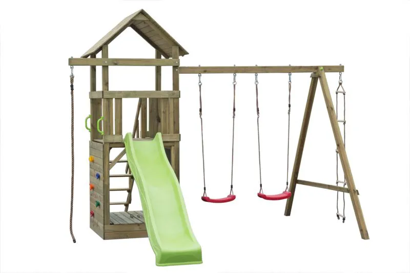Spielturm S27, inkl. Wellenrutsche, Doppelschaukel-Anbau, Sandkasten mit Abdeckung und Kletterwand, 368 x 386 cm, Kinderspielturm, Kletterturm