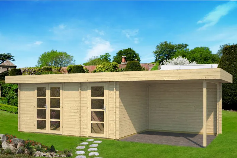 Gartenhaus Schönwipfel 02 mit Anbaudach inkl. Fußboden - 40 mm Blockbohlenhaus, Grundfläche: 22,5 m², Flachdach