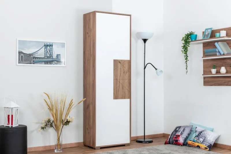 Schrank  Manase 10, Farbe: Eiche Braun / Weiß Hochglanz - 197 x 63 x 36 cm (H x B x T)