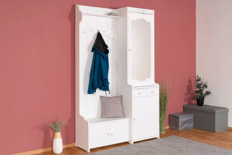 Weiße Garderobe mit Spiegel Kiefer Vollholz 28A, 200 x 125 x 41 cm, mit 2 Schubladen, 6 Fächern, 5 Haken und 1 Ablage, inklusive Beleuchtung