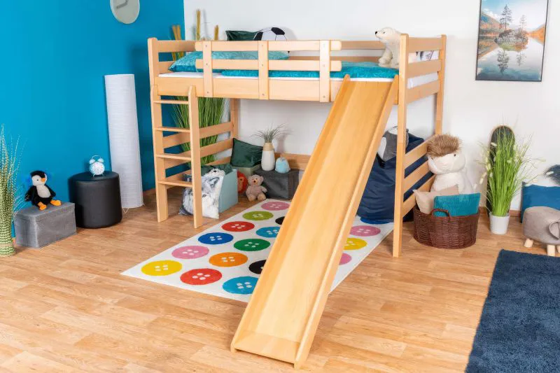 Großes Hochbett mit Rutsche 120 x 190 cm, Buche Massivholz Natur lackiert, umbaubar in ein Einzelbett, "Easy Premium Line" K31/n