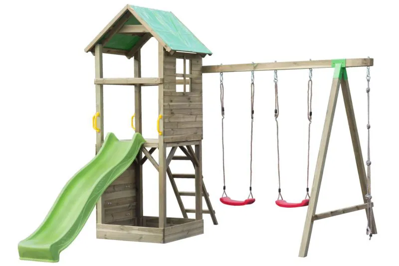 Spielturm S5A inkl. Wellenrutsche, Doppelschaukel-Anbau, Sandkasten, Kletterwand, Holzleiter und Strickleiter - Abmessungen: 330 x 385 cm (B x T)