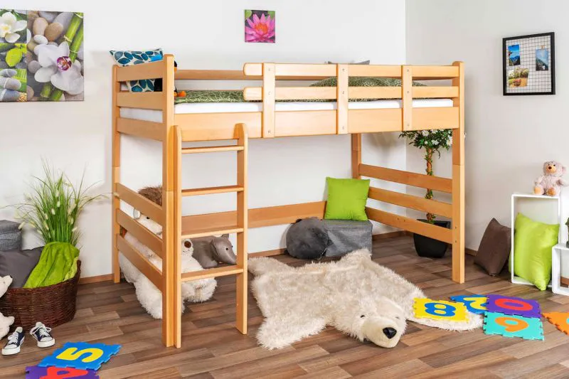 Hochbett 120 x 190 cm | Massivholz: Buche | Natur Lackiert | umbaubar in Einzelbett | Premium-Qualität | inkl. Rollrost Abbildung
