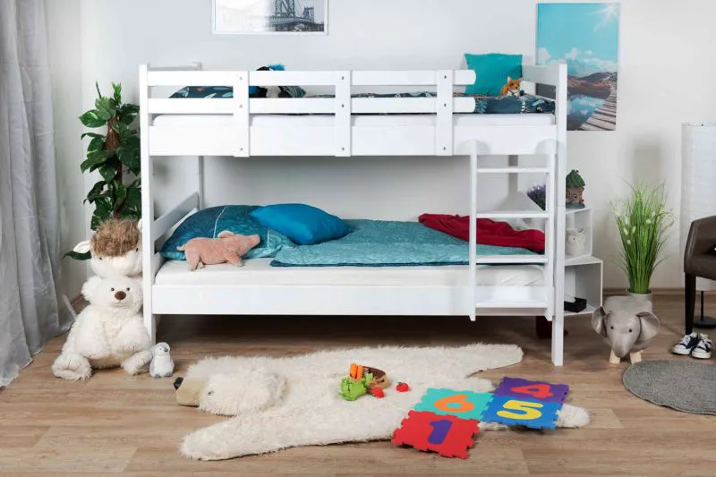 Weißes Stockbett 120 x 190 cm | Massivholz: Buche | umbaubar in zwei Einzelbetten | inkl. Rollroste Abbildung