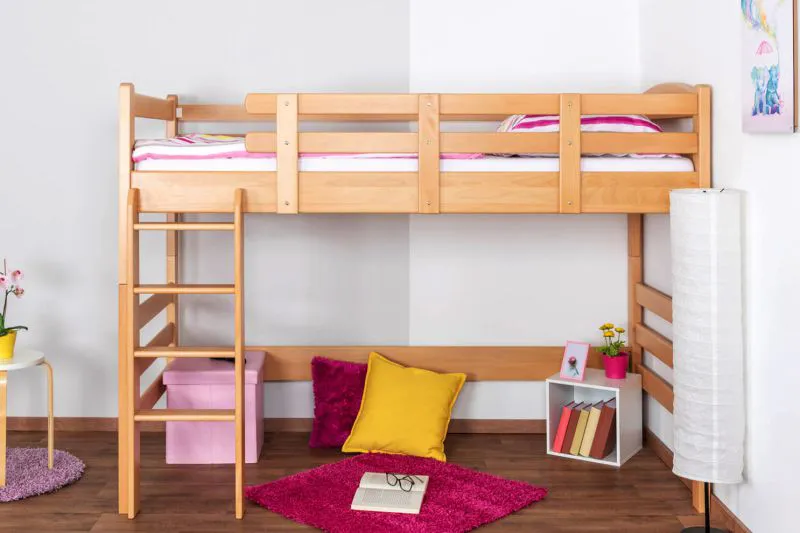 Massivholz Hochbett für Kinder | Matratzenmaß: 90 x 200 cm | Natur Lackiert | umbaubar in Einzelbett | Premium-Qualität | inkl. Rollrost Abbildung