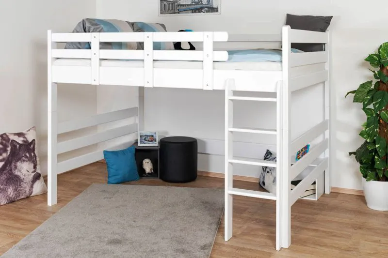 Hochbett für Jugendliche 140 x 190 cm | Massivholz: Buche | Weiß Lackiert | umbaubar in Einzelbett | Premium-Qualität | inkl. Rollrost Abbildung