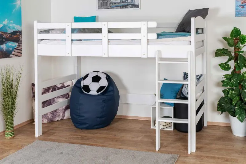 Kinderhochbett 90 x 190 cm | Massivholz: Buche | Weiß Lackiert | umbaubar in Einzelbett | Premium-Qualität | inkl. Rollrost Abbildung