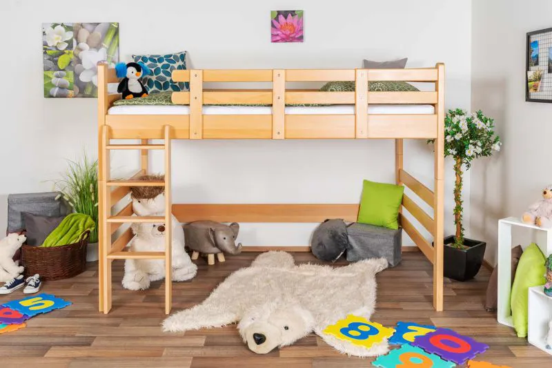 Kinderhochbett 120 x 190 cm | Massivholz: Buche | Natur Lackiert | umbaubar in Einzelbett | inkl. Rollrost Abbildung