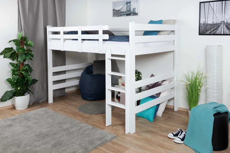 Kinderhochbett 120 x 190 cm | Massivholz: Buche | Weiß Lackiert | umbaubar in Einzelbett | Premium-Qualität | inkl. Rollrost Abbildung