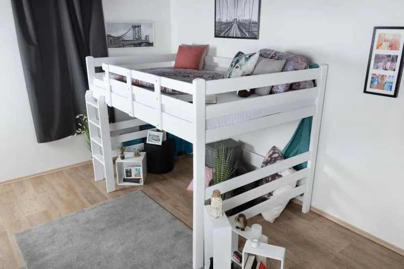 Weißes Kinder-Hochbett 160 x 190 cm | Massivholz: Buche | Weiß Lackiert | umbaubar in Einzelbett | Premium-Qualität | inkl. Rollrost Abbildung