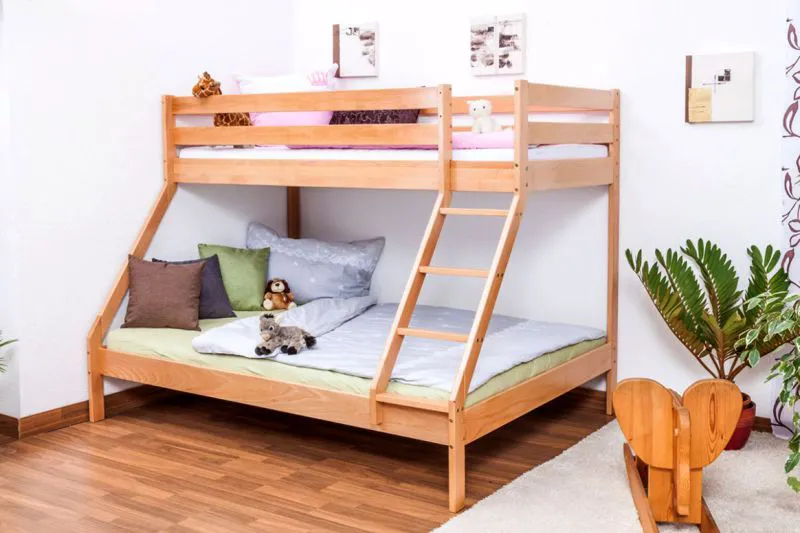 Etagenbett für bis zu drei Kinder | unten 140x200 cm, oben 90x200 cm| Buche massiv | natur lackiert | inkl. Rollroste Abbildung