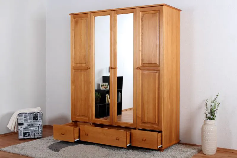 162 cm breiter Kleiderschrank mit 4 Türen, 8 Fächern und 3 Schubladen aus Massiv-Holz | Farbe: Erle | Tiefe: 60 cm Abbildung
