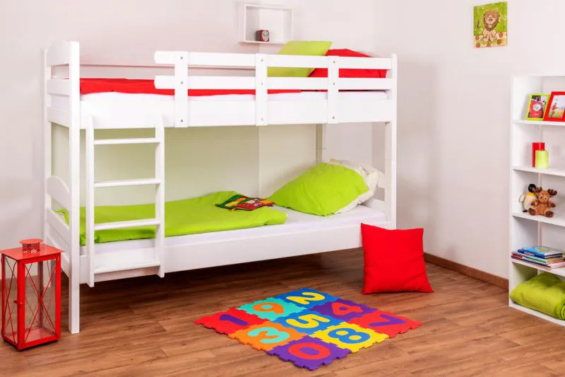 Etagenbett für Kinder 90 x 200 cm | Massivholz: Buche | Weiß Lackiert | umbaubar in 2 Einzelbetten | inkl. Rollroste Abbildung