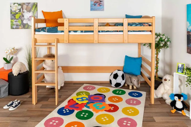Hochbett für Kinderzimmer 90 x 190 cm | Massivholz: Buche | Natur Lackiert | umbaubar in Einzelbett | Premium-Qualität | inkl. Rollrost Abbildung